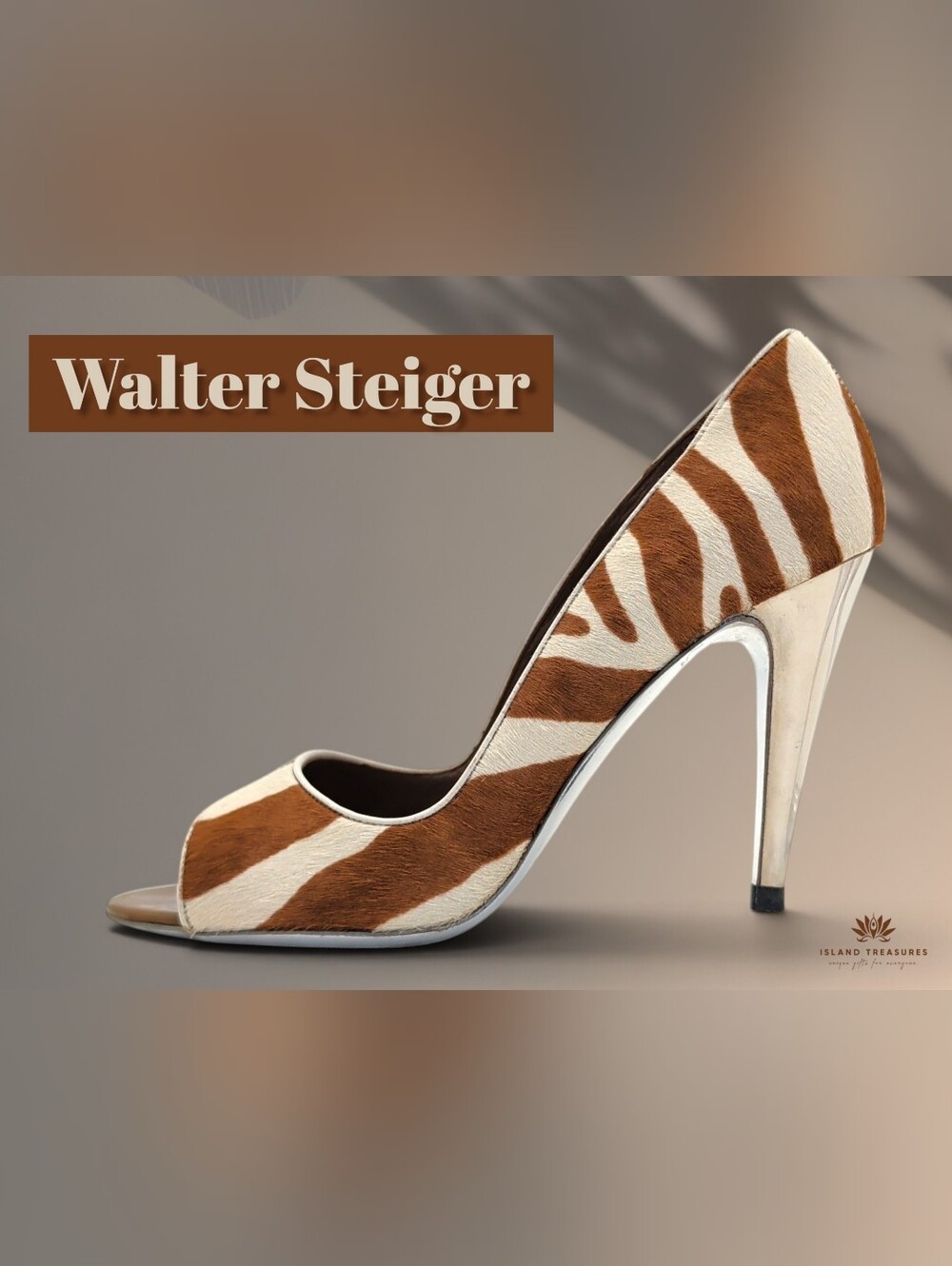 Walter Steiger Sz 7 EU 37.5 Calf Hair Zebra Peep Toe Pumps Champagne Chrome Heel